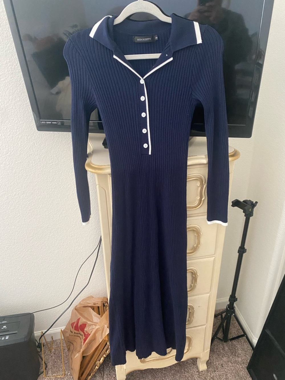 Navy Ribbed Polo Midi Dress with White Trim